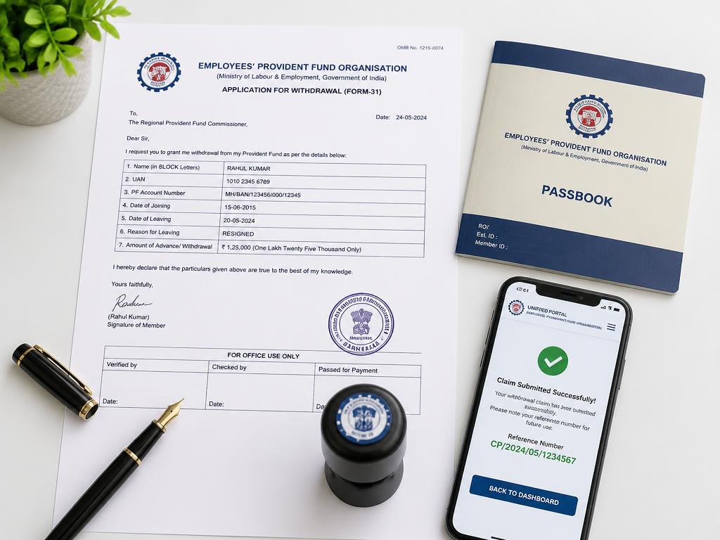 Provident Fund withdrawal documents and passbook with an official stamp