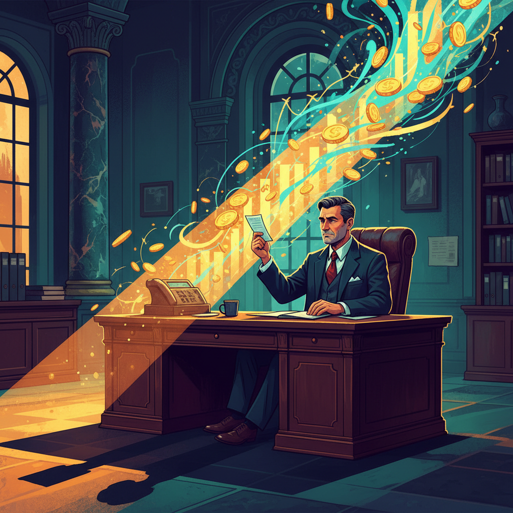Editorial illustration of central government Level 8 employee considering large arrears payout