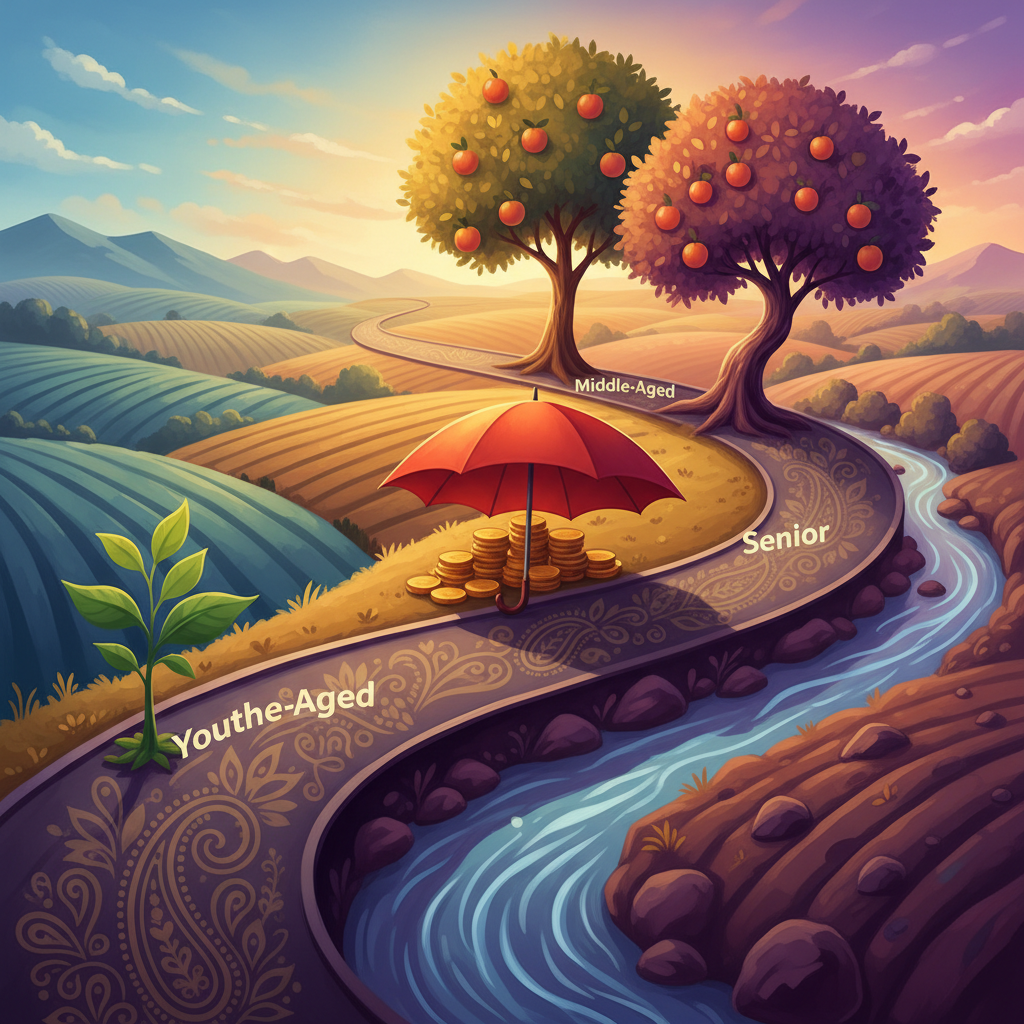 Illustration of a winding path through different life stages with symbols of investment options representing age-based strategies in India