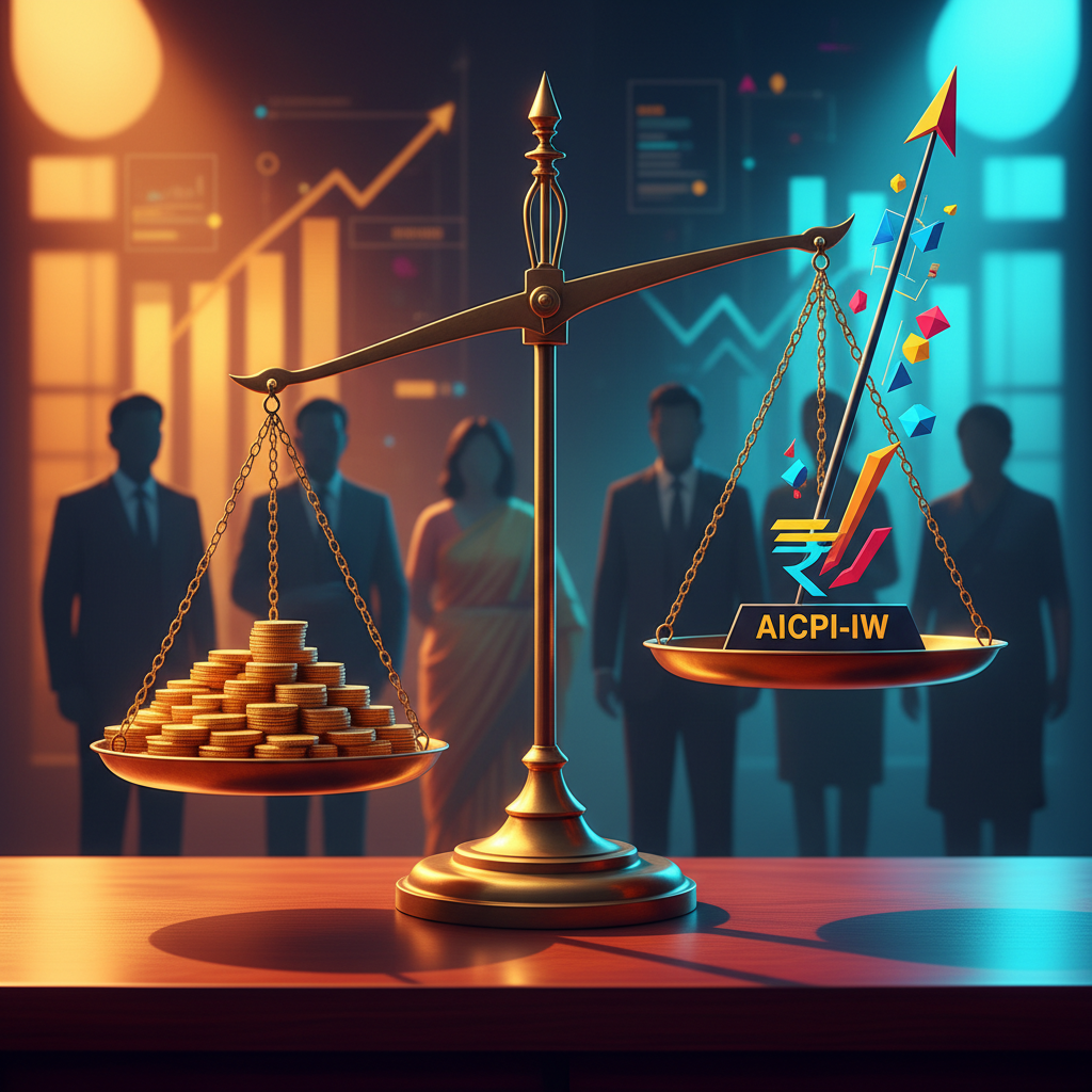 Illustration showing a weighing scale balancing rupee coins and a rising index needle, symbolising AICPI-IW impact on Dearness Allowance for government employee