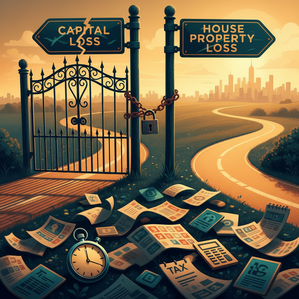 Illustration showing two diverging paths labelled capital loss and house property loss, signifying different tax outcomes when missing ITR deadline