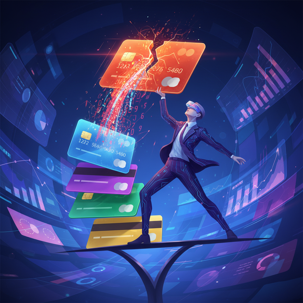 Illustration of a person juggling multiple credit cards, one visibly overloaded