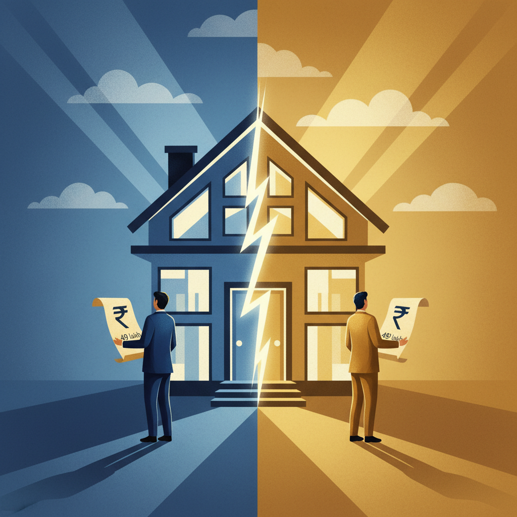 Illustration of two buyers dividing a house, visualising a tax threshold split below ₹50 lakh per person