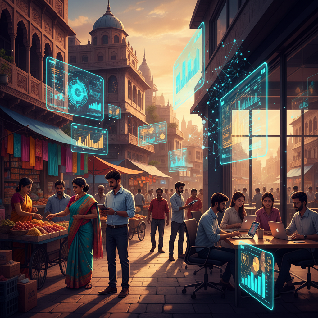 Illustration of India's small business owners and professionals interacting with futuristic AI-driven financial tools