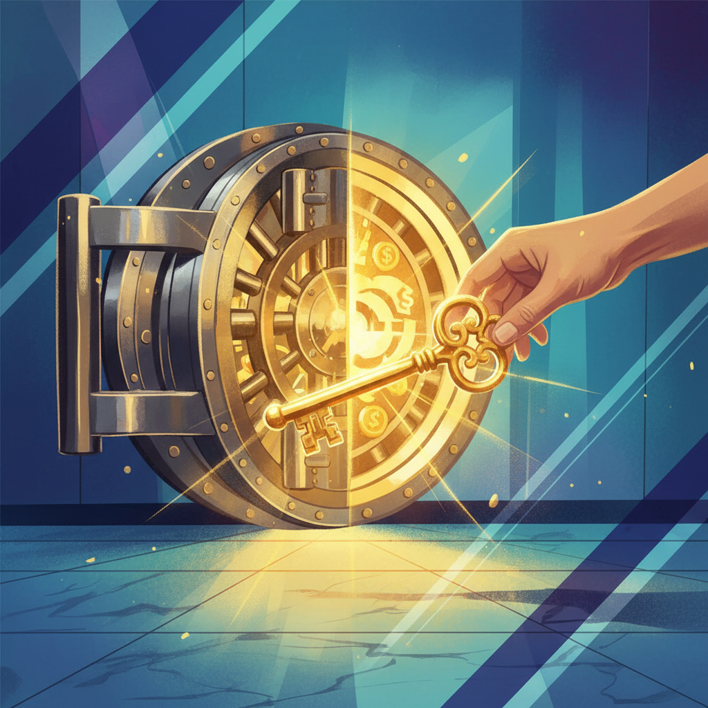 Family member holding keys in front of a closed bank vault, symbolising control over bank access after incapacity