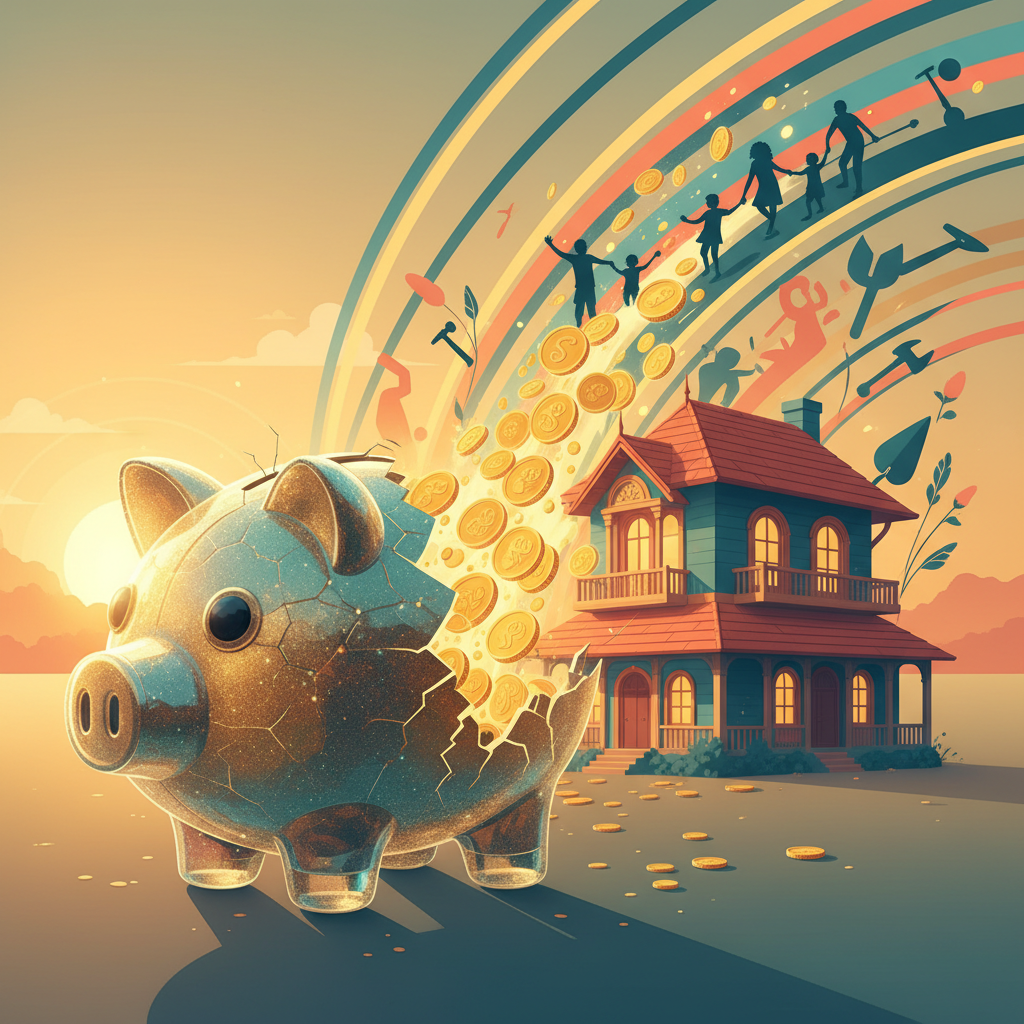 Illustration of a large, glowing piggy bank with a house emerging from it, symbolising EPF withdrawal for home purchase or repair.