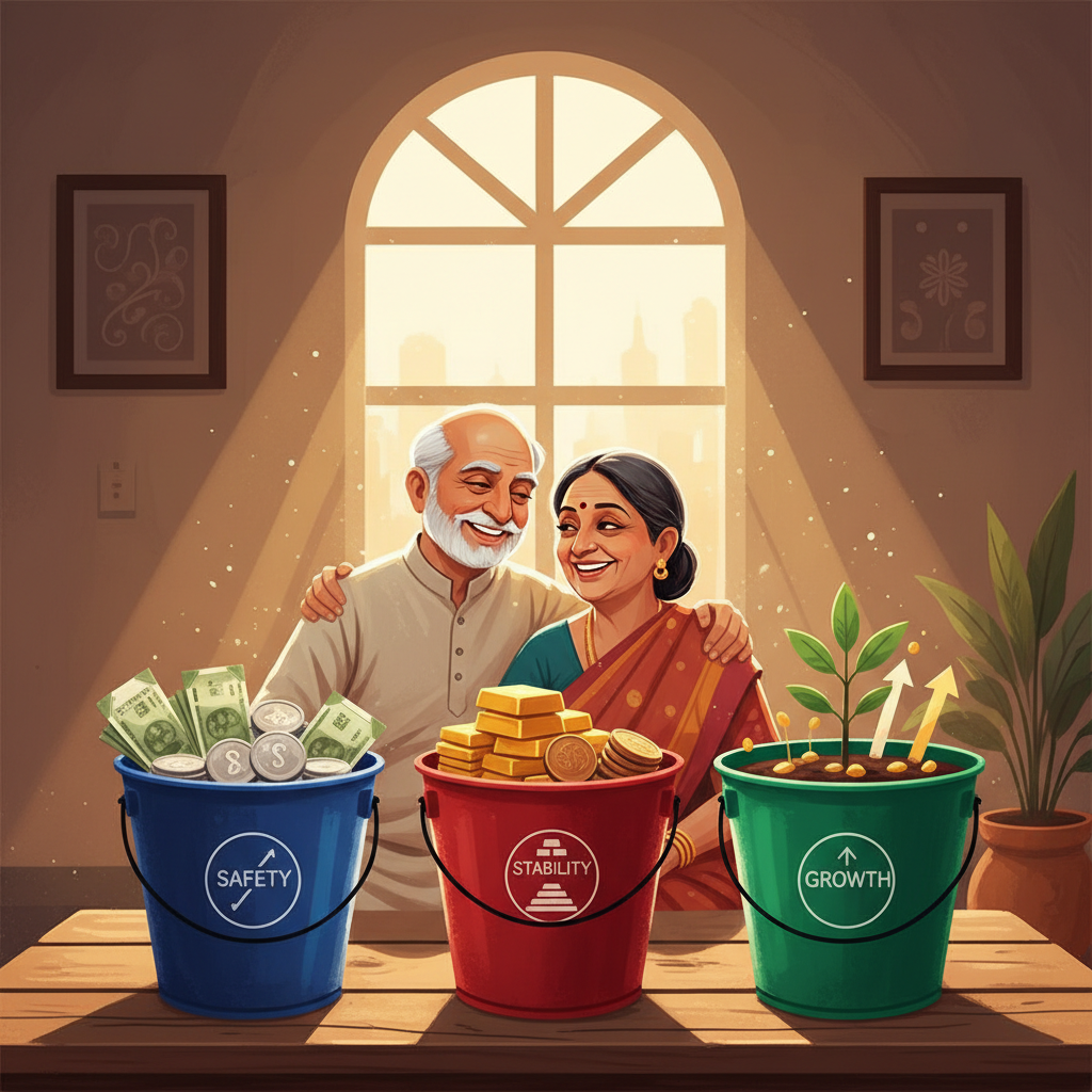 Retired Indian couple planning investments with three colorful buckets symbolising retirement income strategy