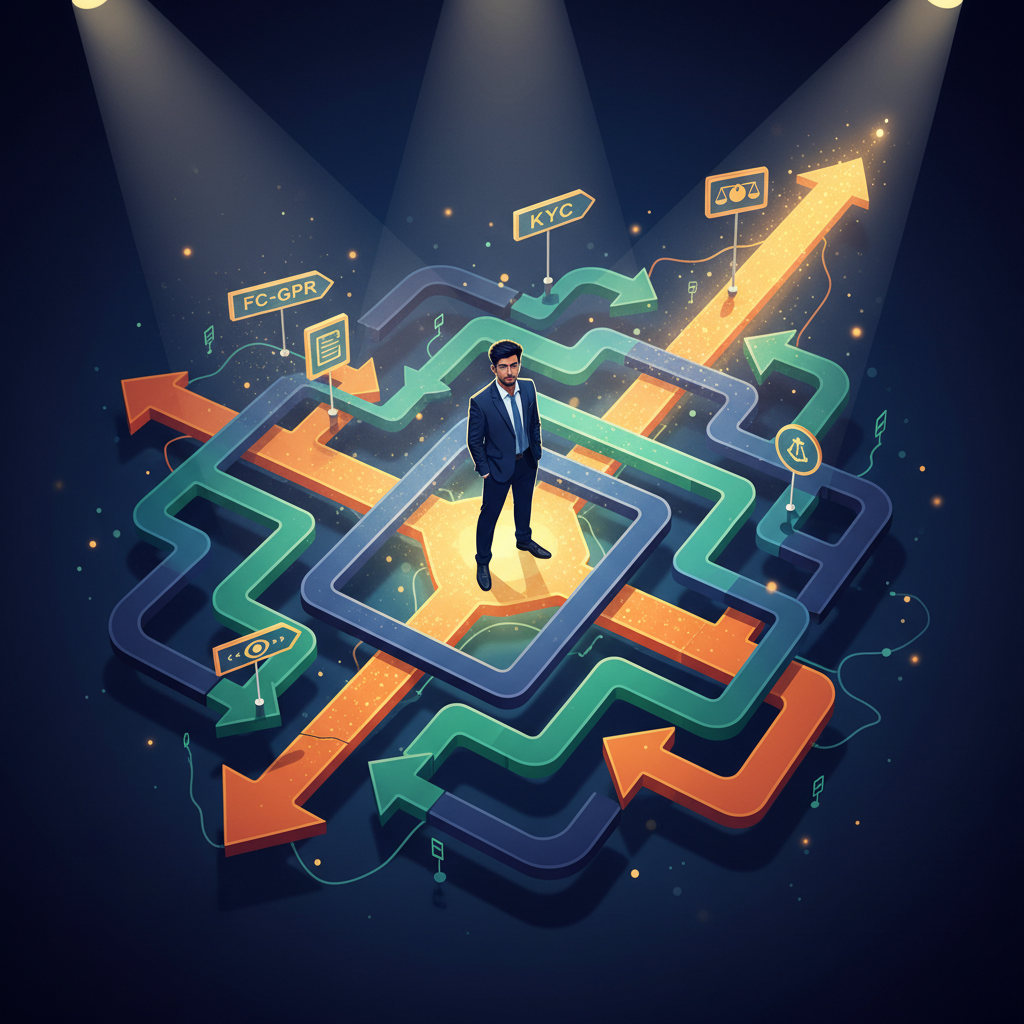 A startup founder navigating a colourful maze representing FEMA compliance steps for foreign investment in India