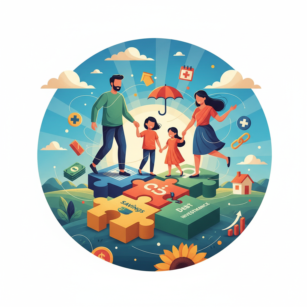 A vibrant illustration depicting holistic financial health areas like savings, insurance, debt, and investments in an Indian context