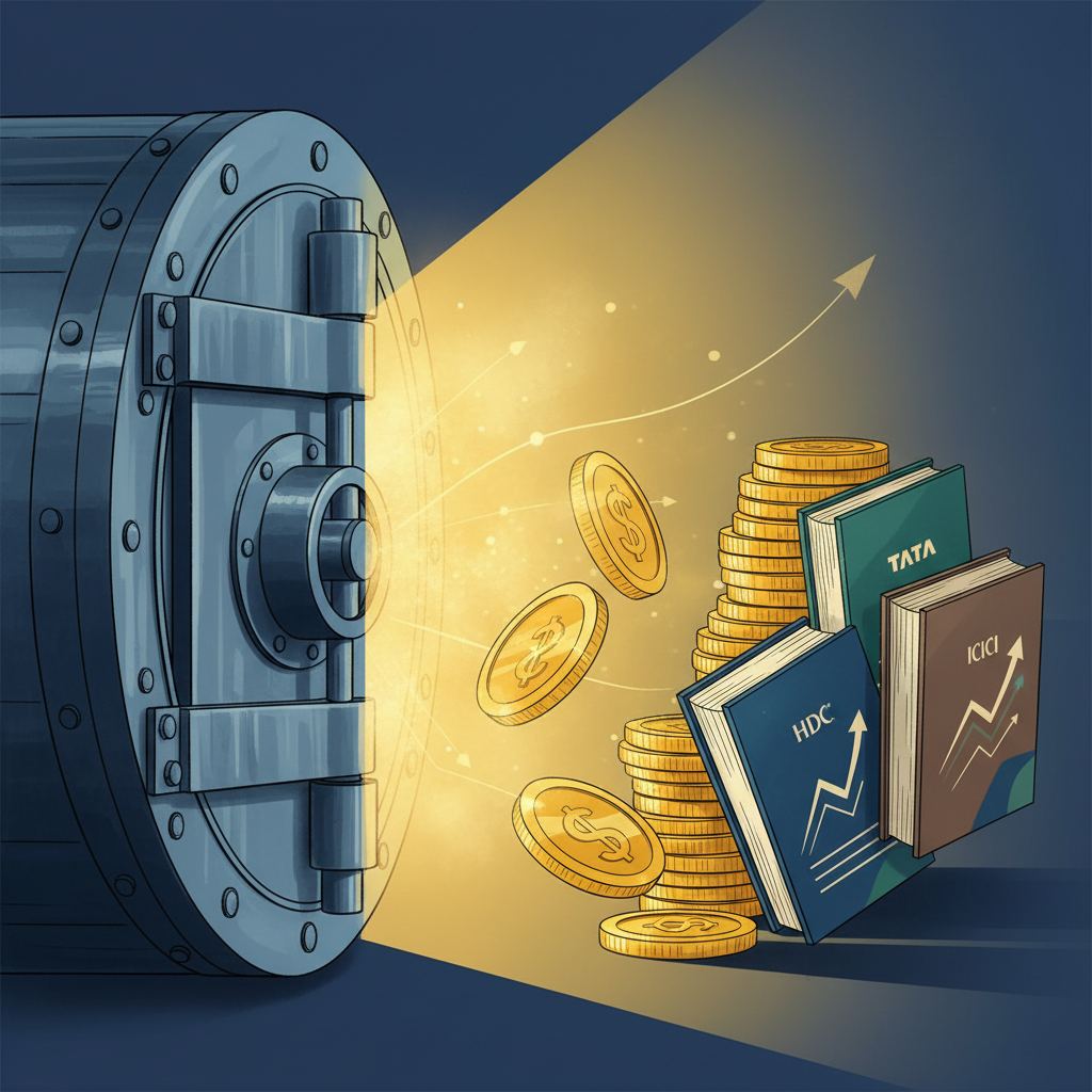 Stylised illustration of gold coins and mutual fund folios under a locked vault door, with three distinct fund logos subtly implied in the background.
