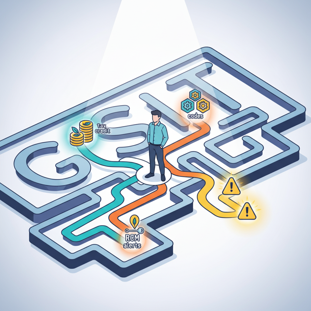 Illustration of a new business navigating GST compliance steps in India