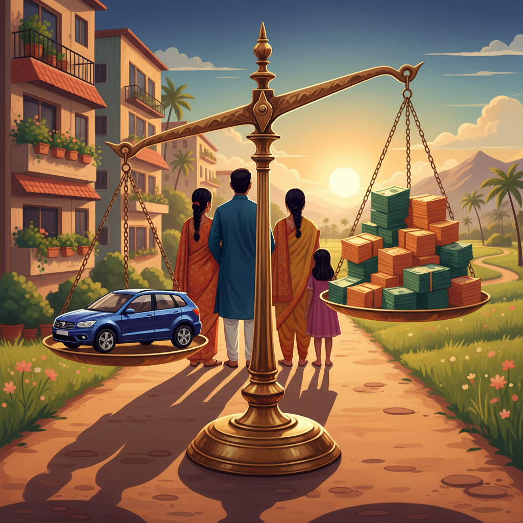 A colourful illustration of an Indian family thoughtfully weighing a miniature car and bundles of cash on golden scales, set against a vibrant backdrop of urban