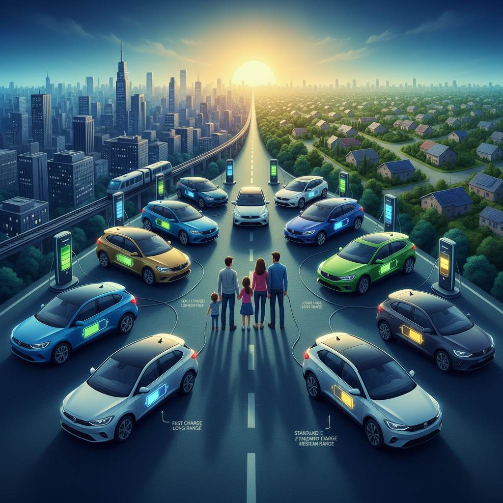 Person weighing different electric cars by range and charging features