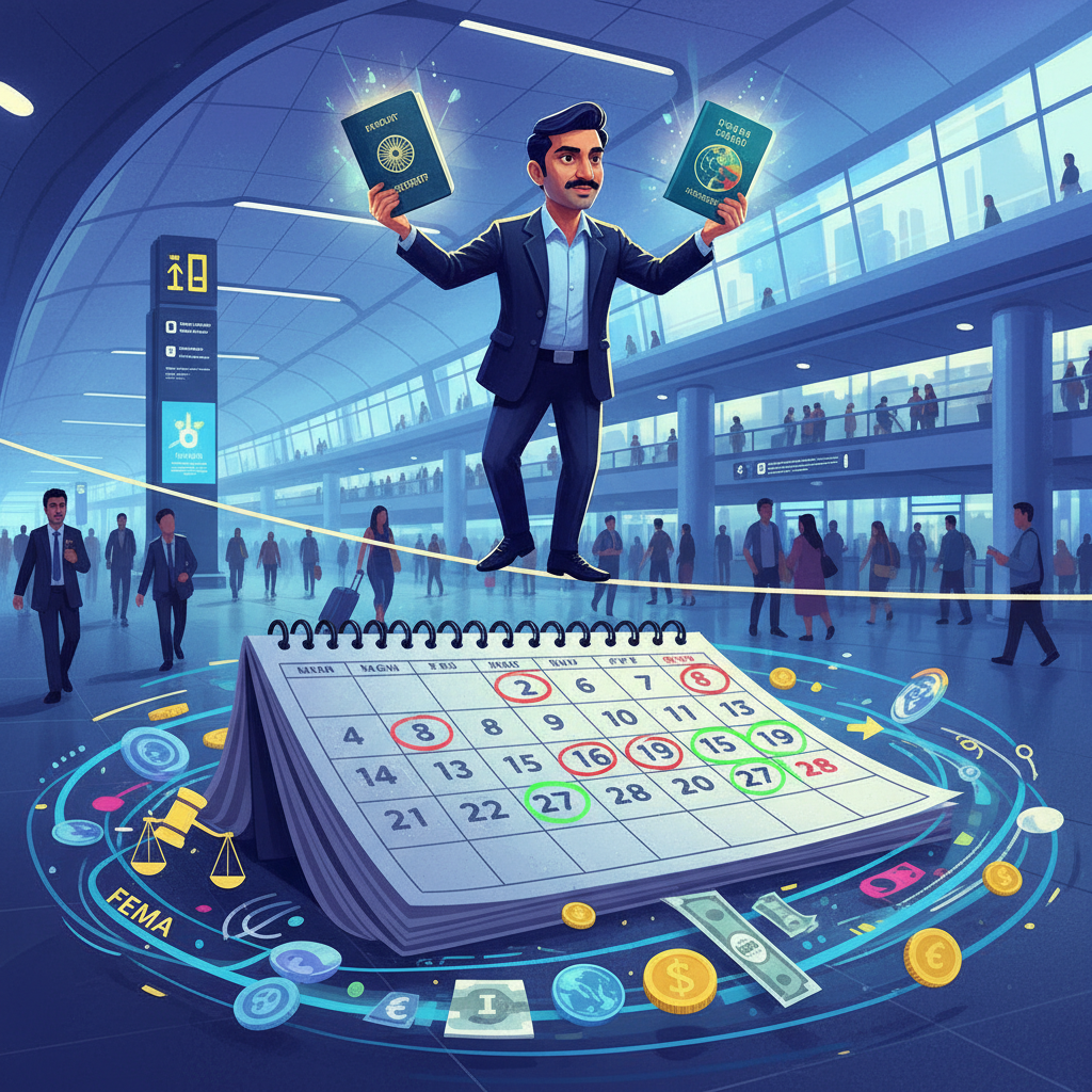 Illustration of an NRI traveller at an airport balancing Indian and foreign passports over a calendar marked with important days and tax symbols