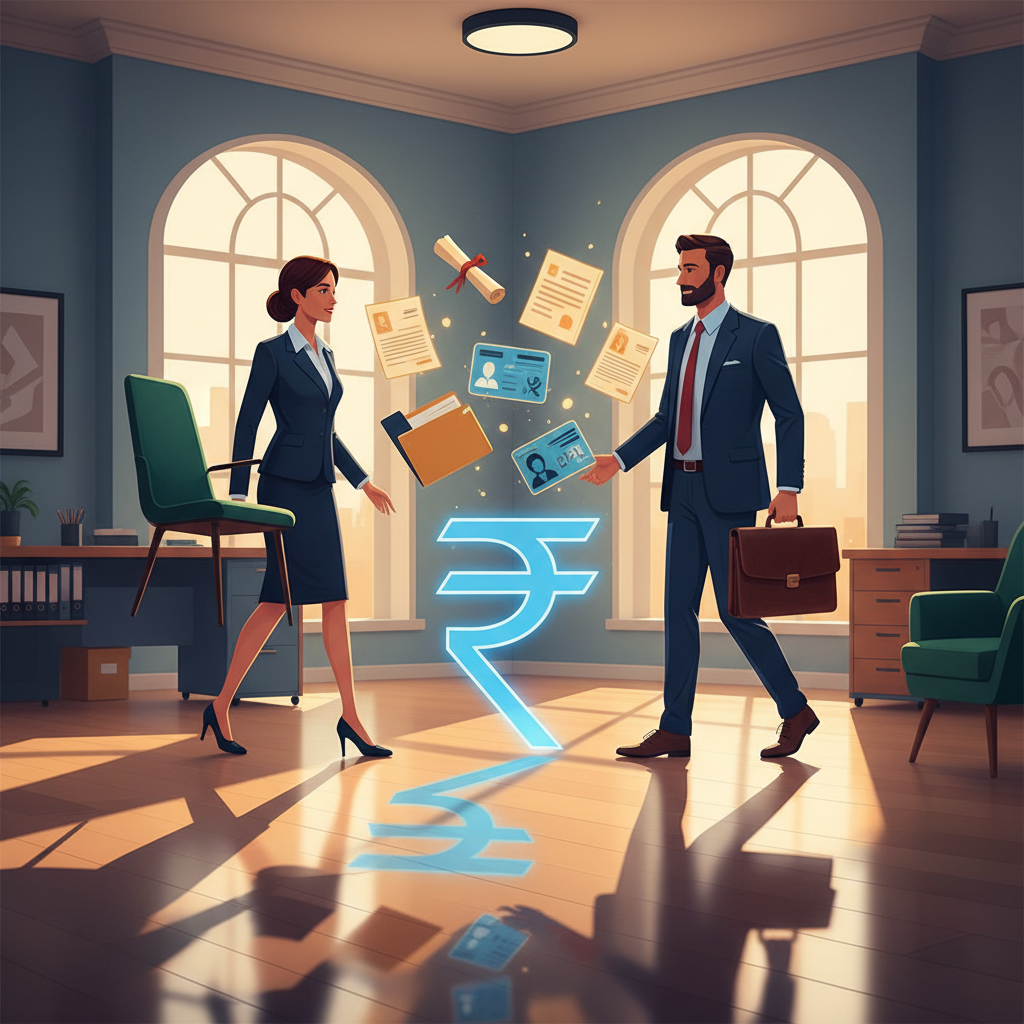 Vivid illustration of a business partnership forming, with partners exchanging documents and assets, symbolising proper documentation and transparent capital in