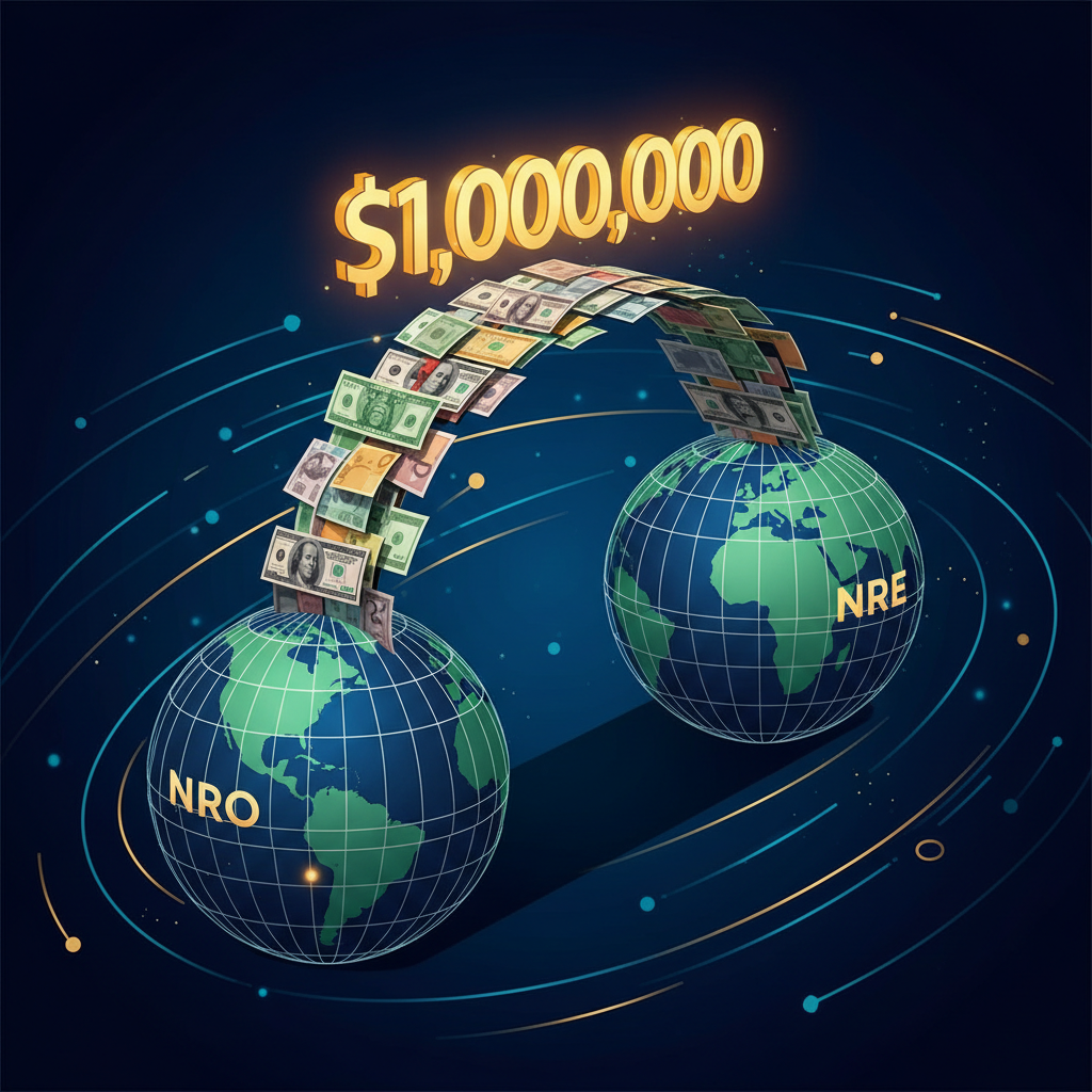 Illustration of a bridge made of currency notes connecting two globes labeled NRO and NRE, with a $1 million sign above