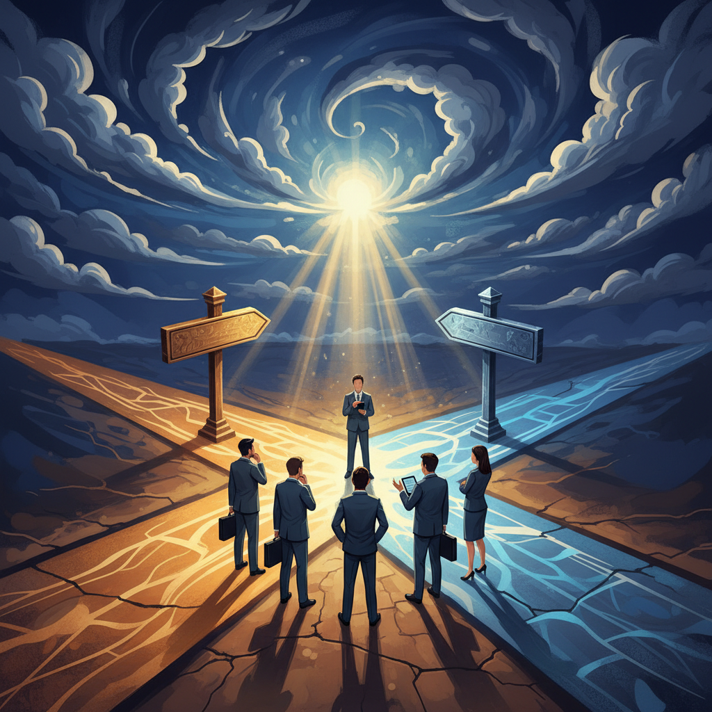 Vivid illustration of central government employees at a crossroads, choosing between two diverging retirement paths representing OPS and NPS.