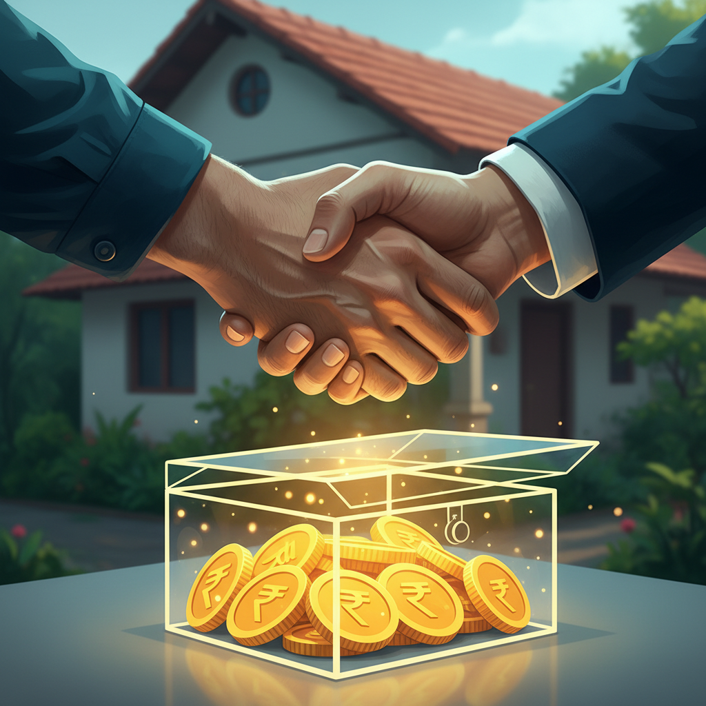Illustration of handshake between tenant and landlord over a glowing deposit box, with faded villa in background
