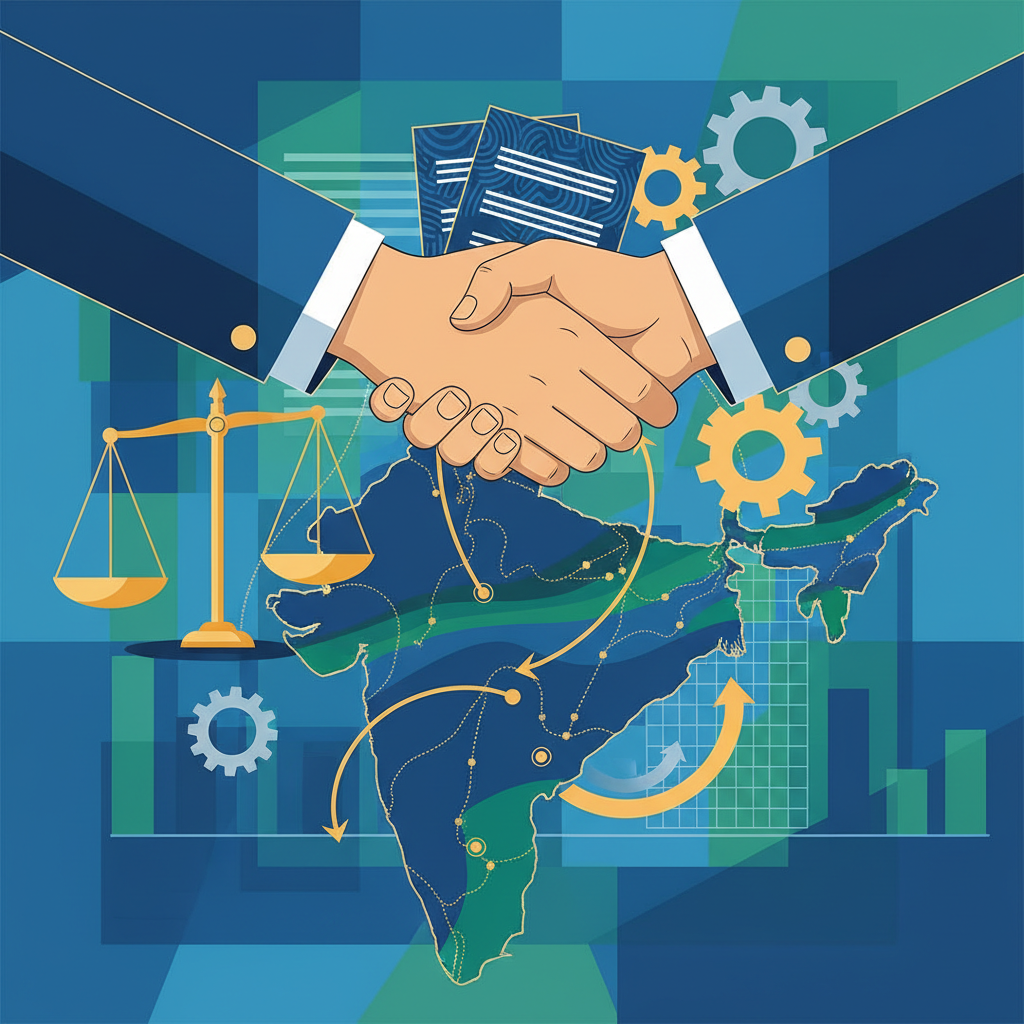Conceptual illustration of a Share Subscription Agreement in India, depicting legal documents and hands exchanging shares with regulatory symbols