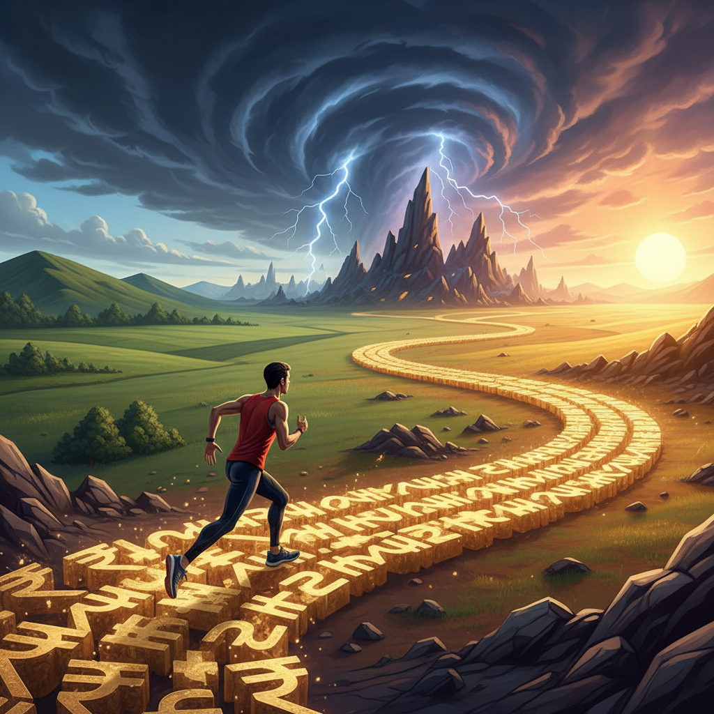 A marathon runner on a winding financial path, crossing changing landscapes symbolising market ups and downs and life hurdles.