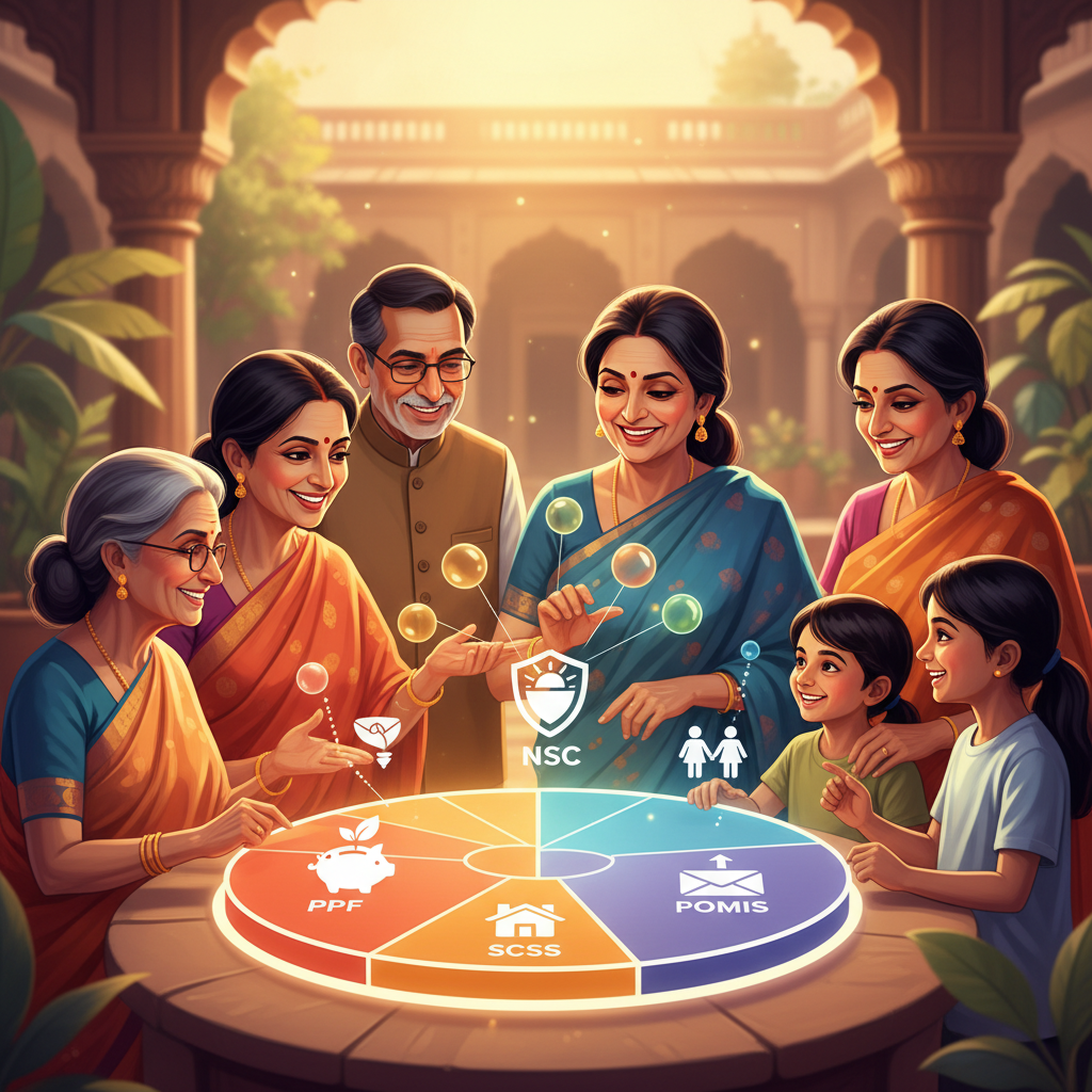 Illustration of diverse Indian families and seniors choosing among various small savings schemes icons with interest rate symbols