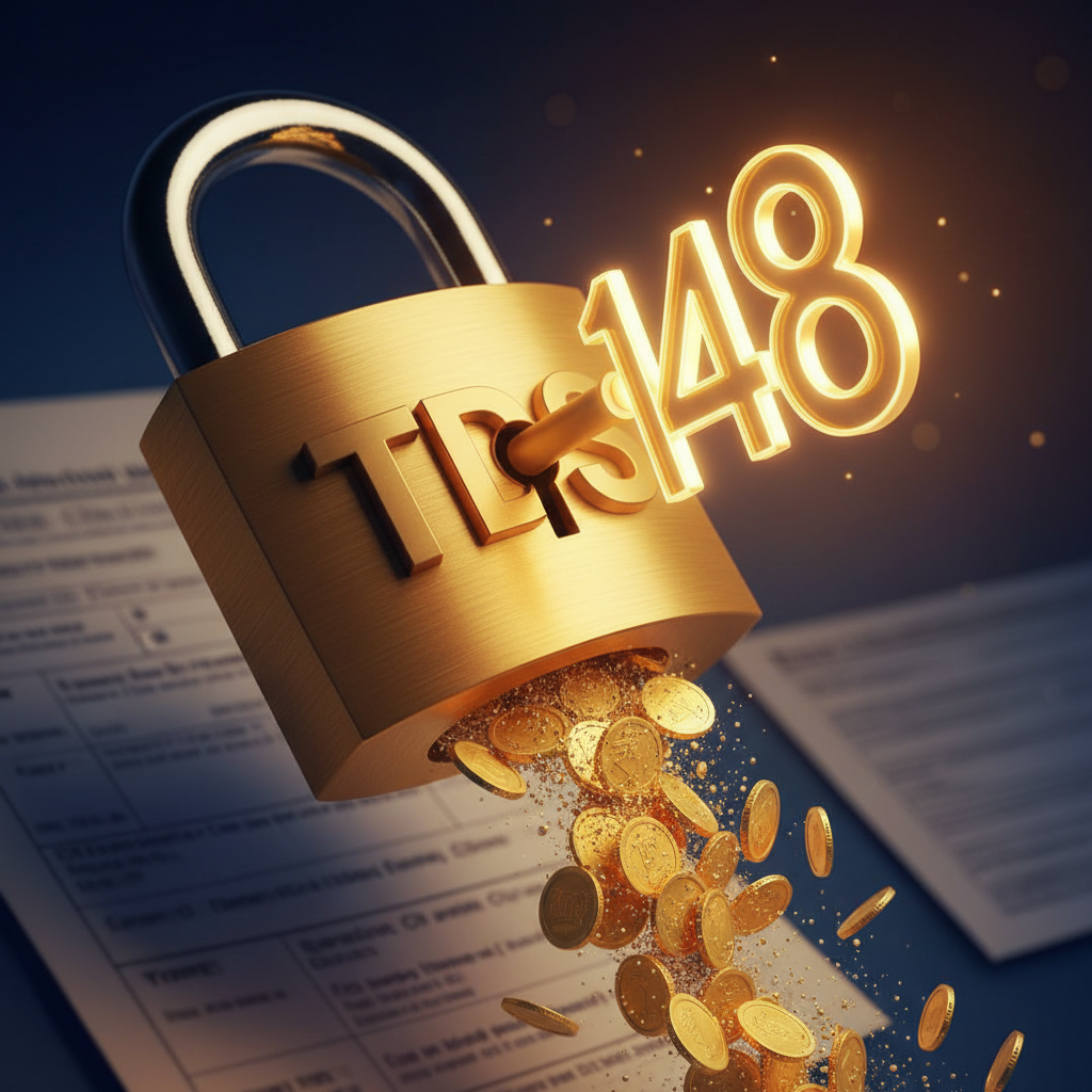 Vivid illustration of tax documents and a golden rupee coin being unlocked by a judge's gavel in dramatic light, symbolising TDS refund post-reassessment