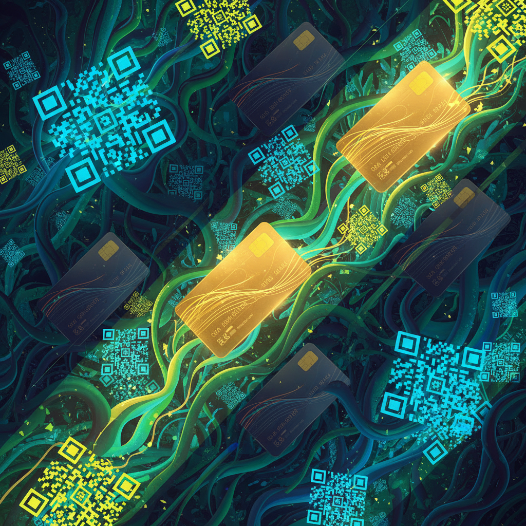 Bright, tangled web of digital QR codes interlaced with credit cards, some glowing with cashback and others fading, highlighting complexity of UPI card rewards.