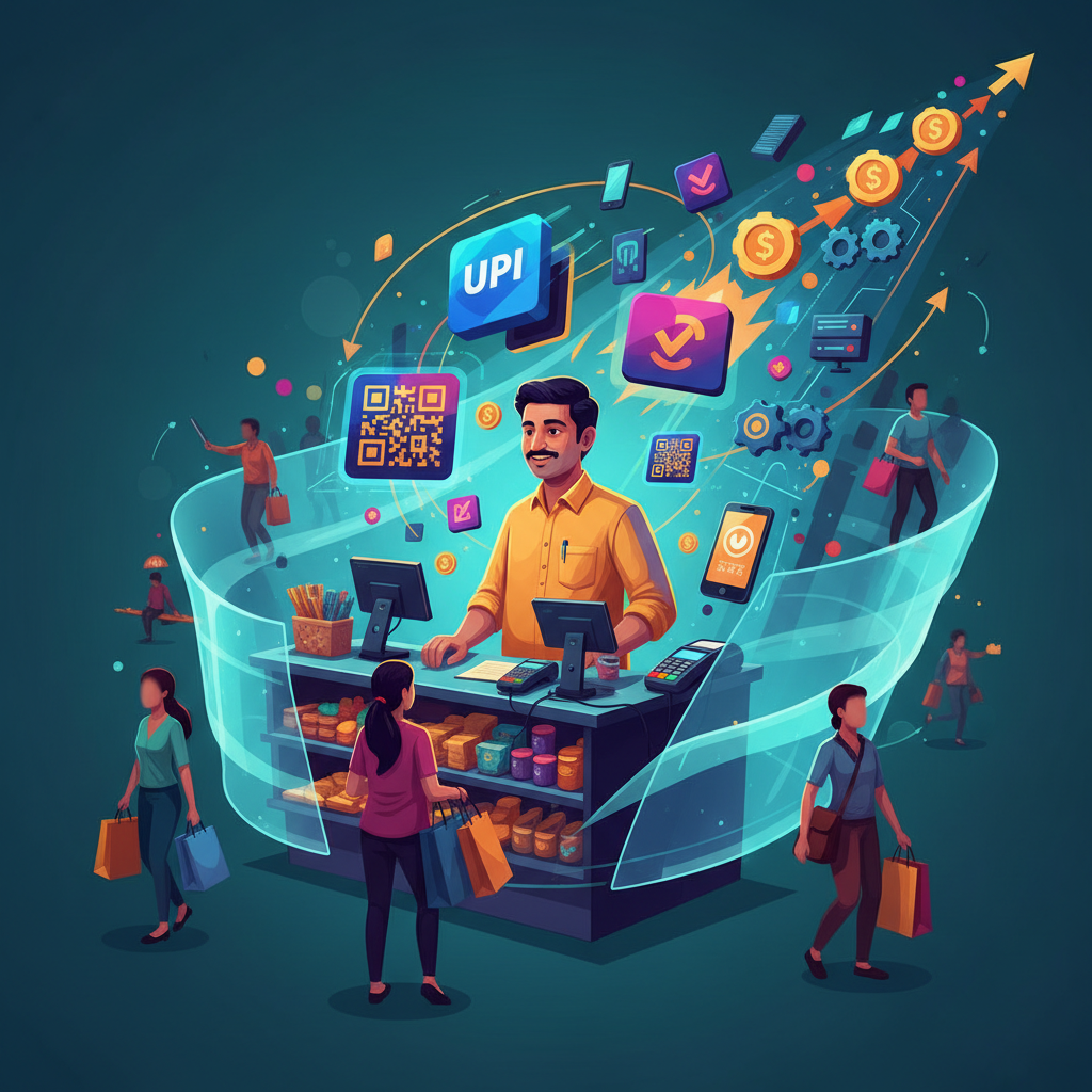 Vivid conceptual illustration of an Indian merchant surrounded by digital payment icons, with subtle fee symbols and protected zones for small sellers.