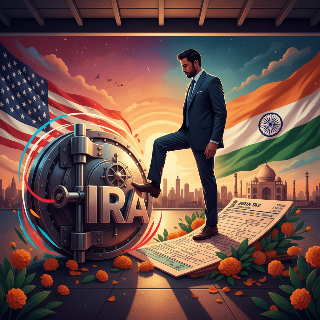 Illustration of a returning Indian professional balancing a US retirement account with Indian tax forms