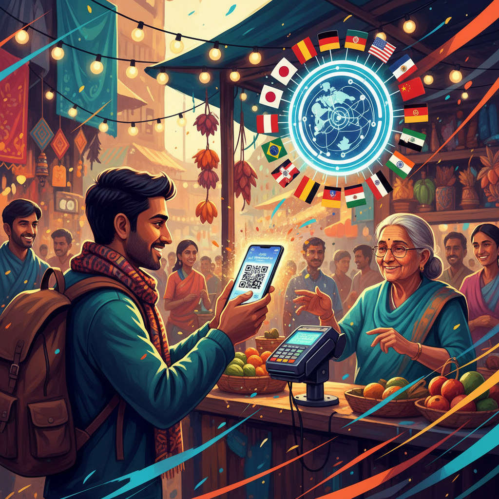 Indian tourist paying via UPI app in a foreign market