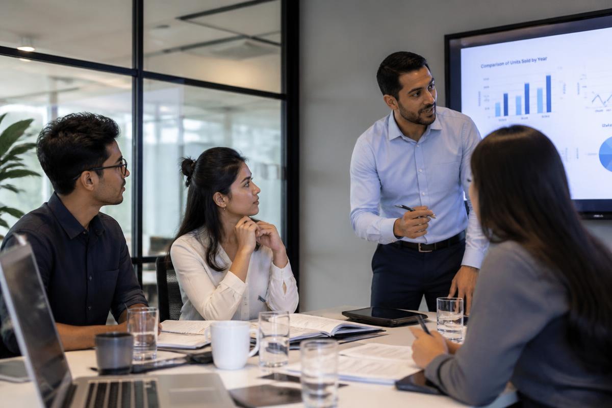 South Asian business team discussing financial charts in a boardroom