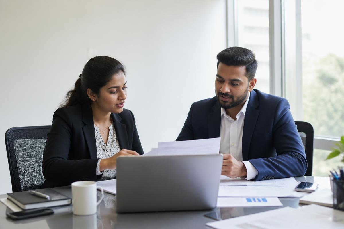 Two Indian professionals reviewing client documents together in a meeting room