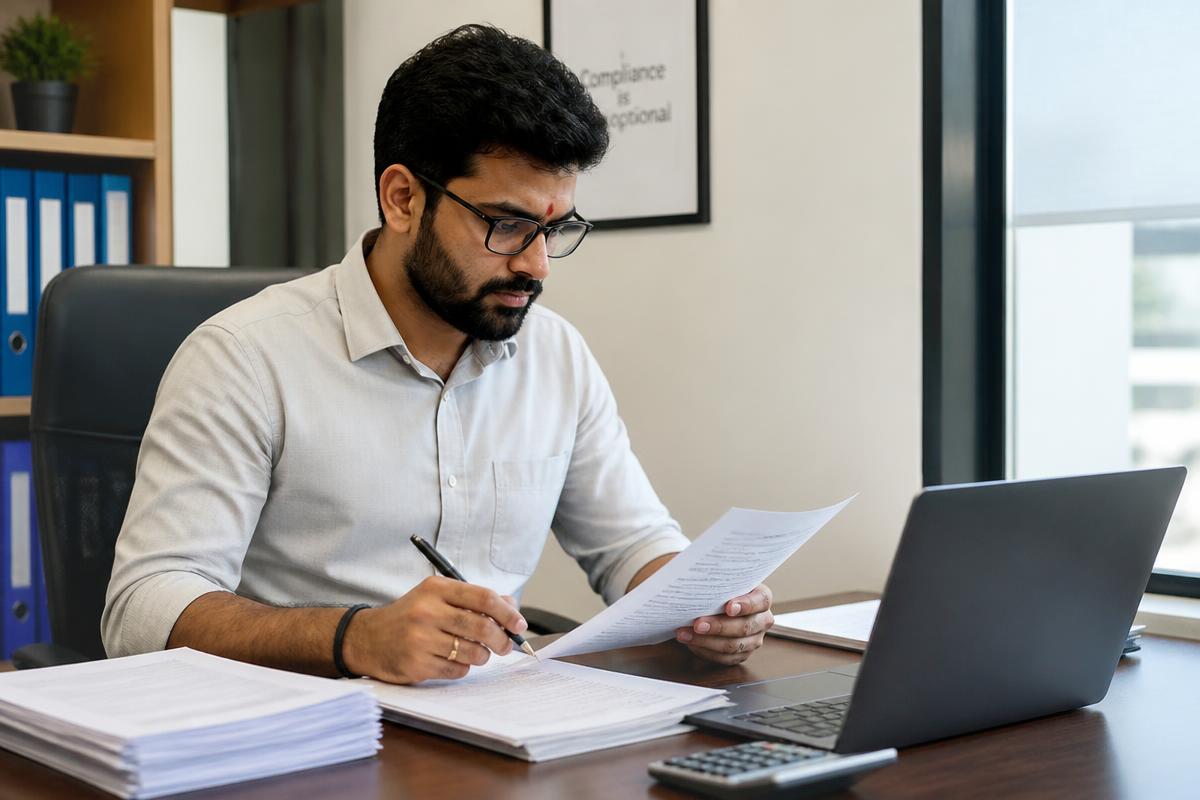 Indian accountant reviewing compliance filings at his desk