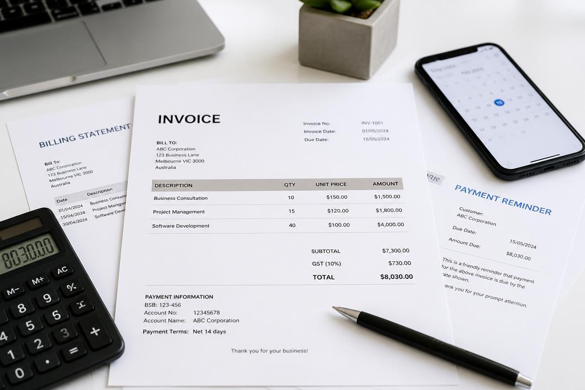 Business invoice with GST and a calculator