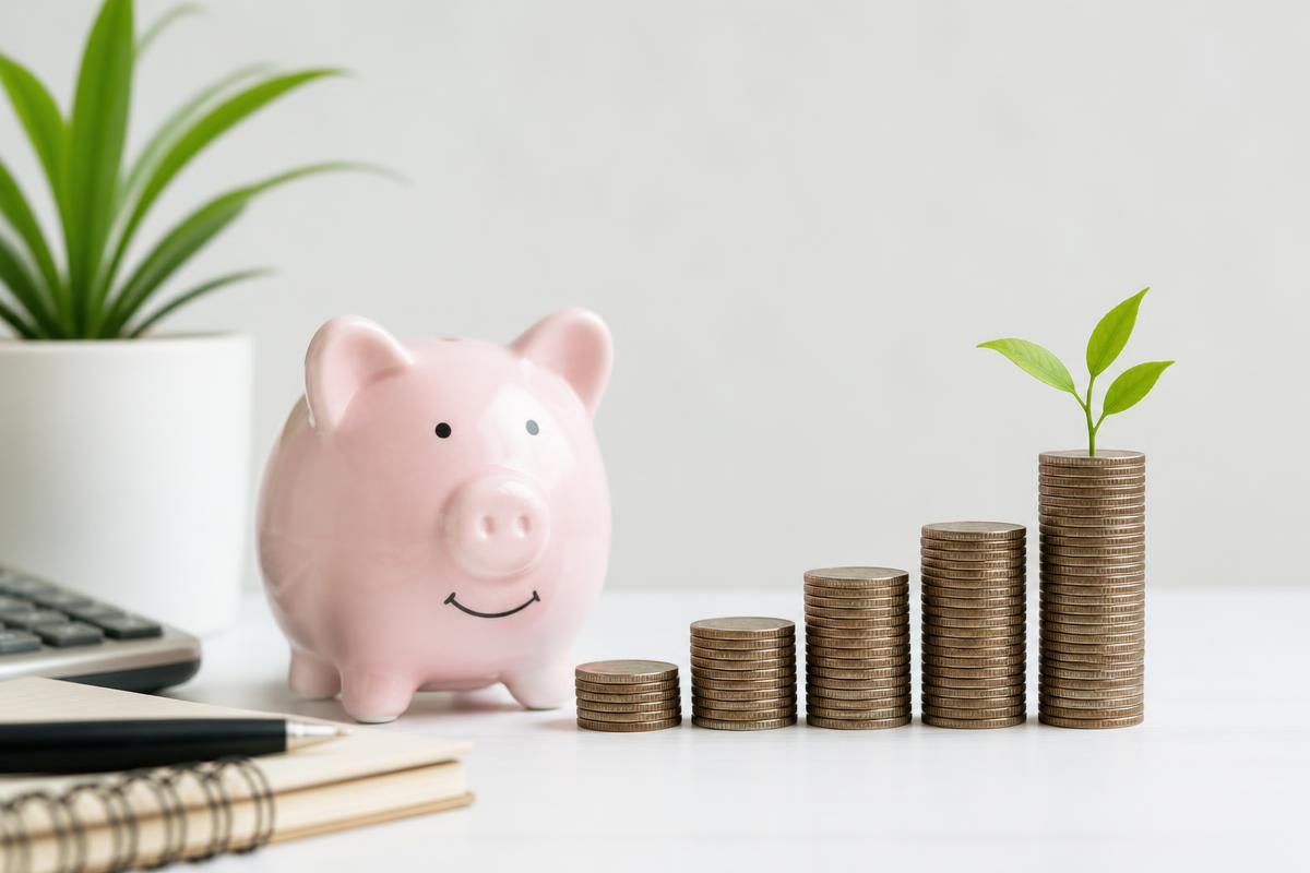 Savings jar and rising stacks of coins